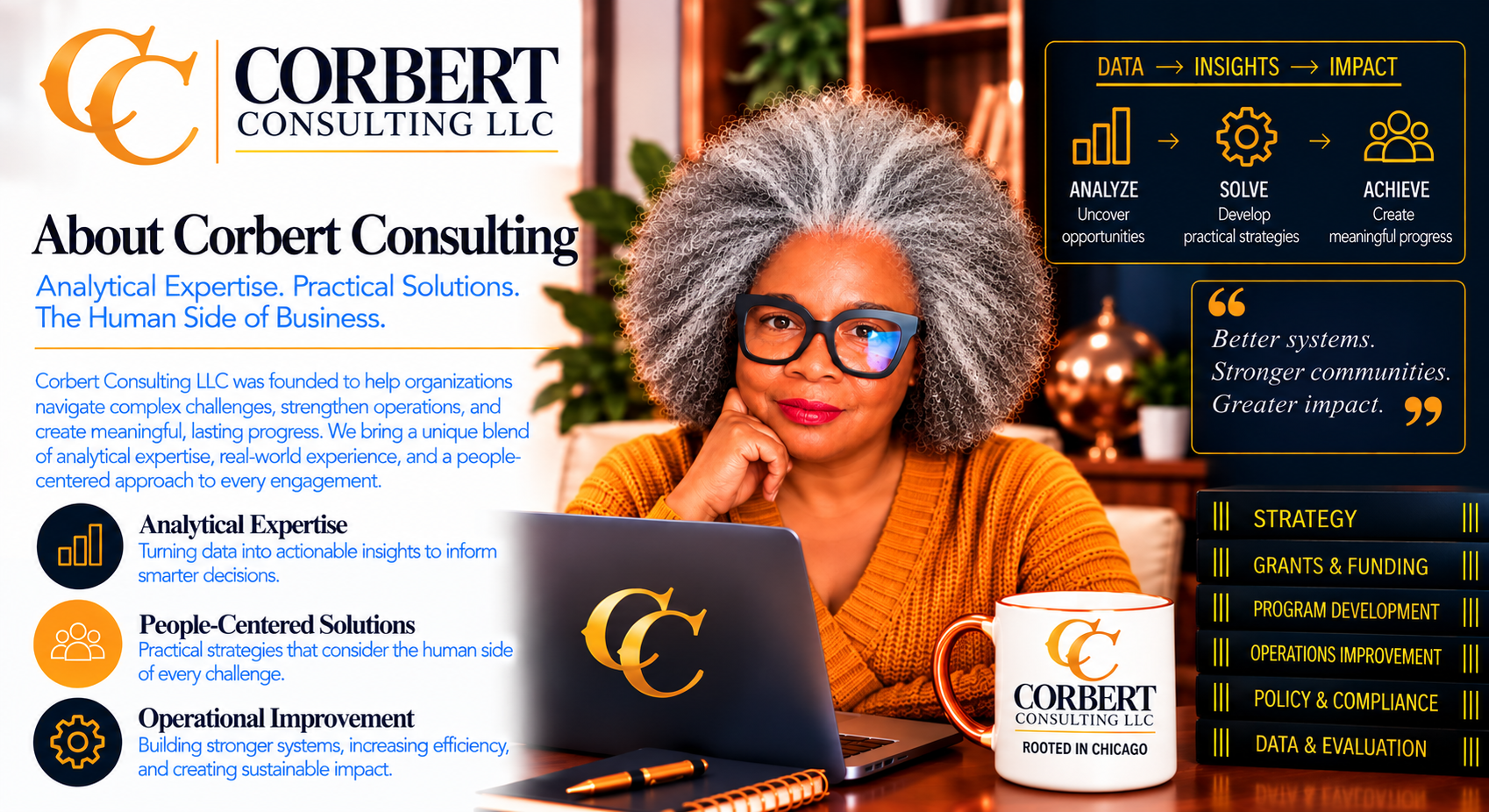 About Corbert Consulting: Analytical Expertise. Practical Solutions. The Human Side of Business. Founder portrait, data to insights to impact, and consulting specialty books. Mug reads Rooted in Chicago, Focused on possibility.